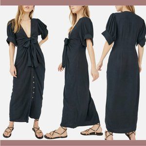 NWT $98 Free People [ XS ] Free-est Summer Tie Front Maxi Shirtdress Black #Q428
